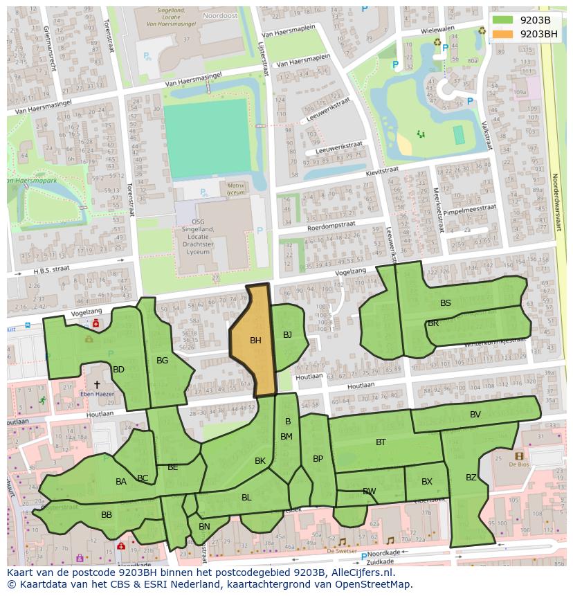 Afbeelding van het postcodegebied 9203 BH op de kaart.
