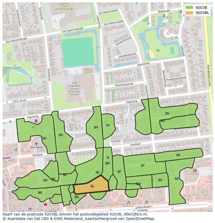 Afbeelding van het postcodegebied 9203 BL op de kaart.
