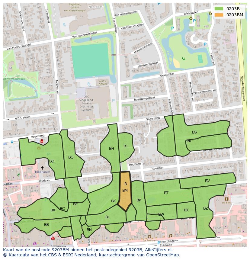 Afbeelding van het postcodegebied 9203 BM op de kaart.