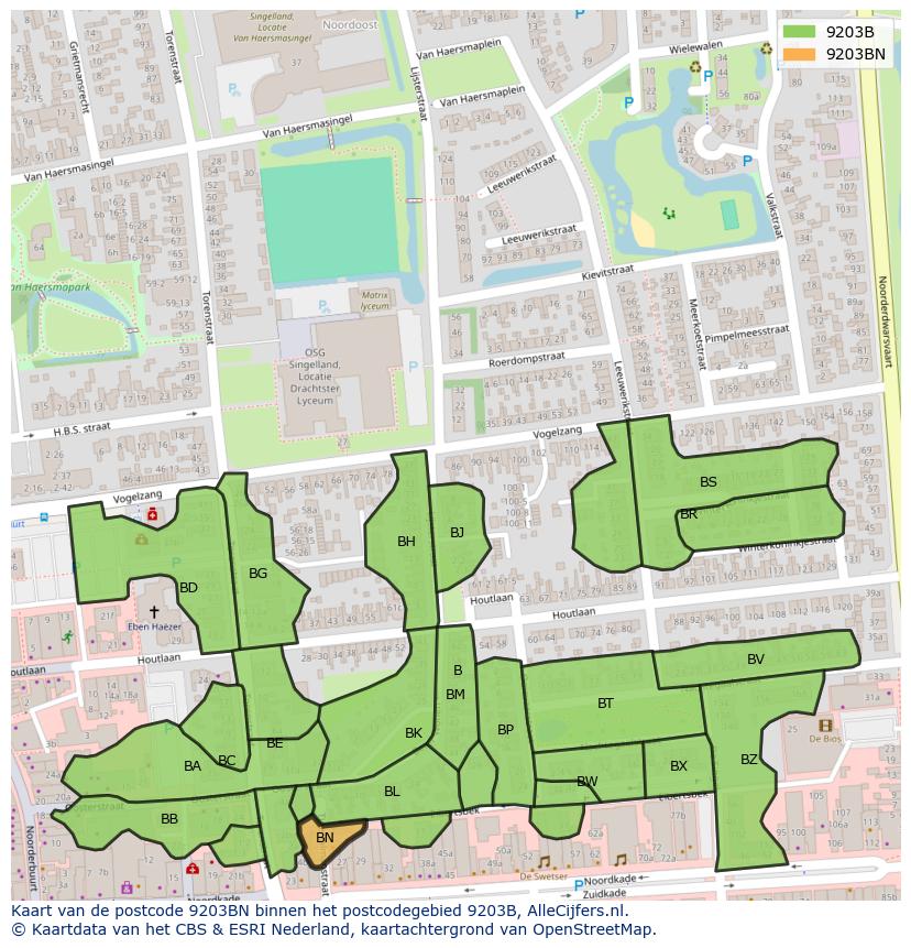 Afbeelding van het postcodegebied 9203 BN op de kaart.