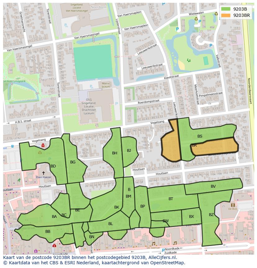 Afbeelding van het postcodegebied 9203 BR op de kaart.