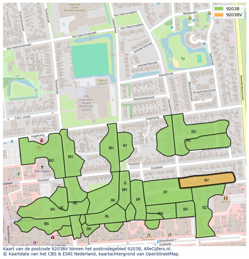 Afbeelding van het postcodegebied 9203 BV op de kaart.