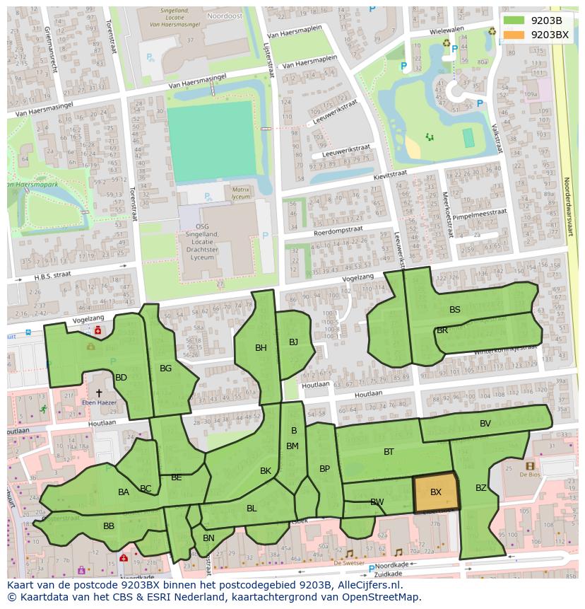 Afbeelding van het postcodegebied 9203 BX op de kaart.