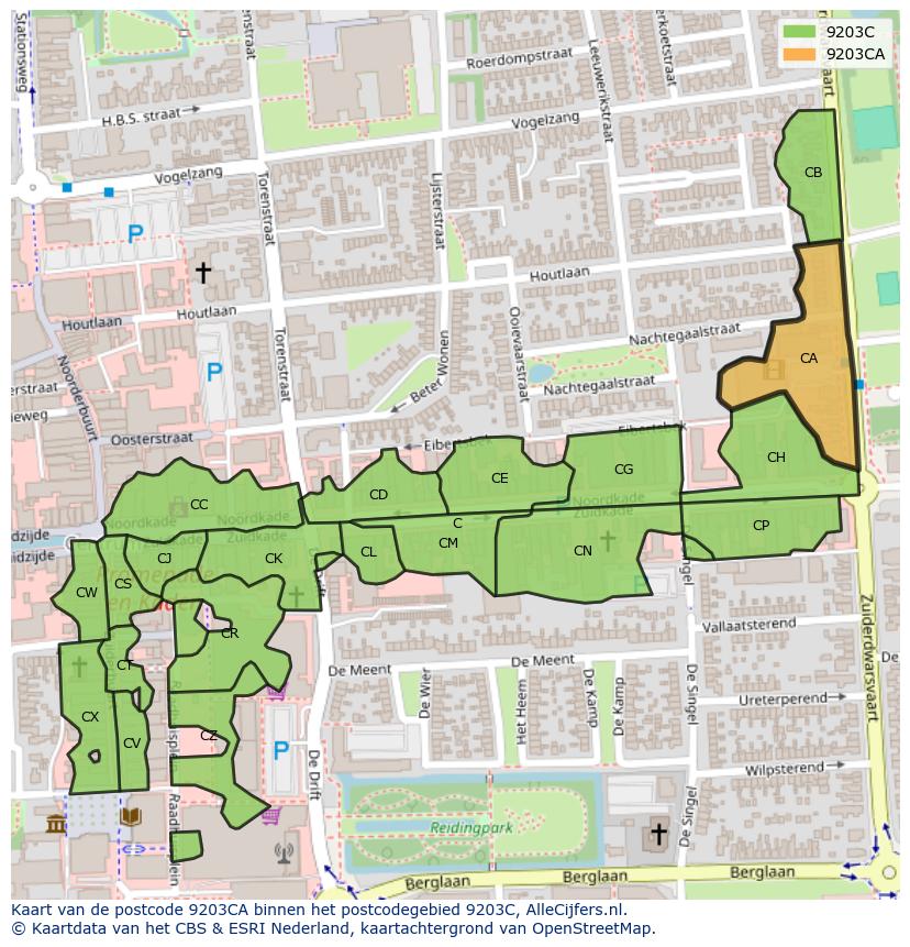 Afbeelding van het postcodegebied 9203 CA op de kaart.