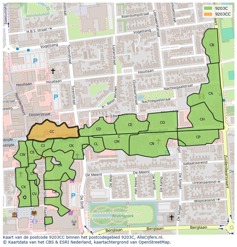 Afbeelding van het postcodegebied 9203 CC op de kaart.