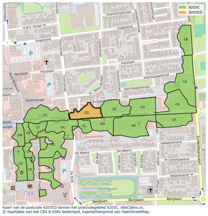 Afbeelding van het postcodegebied 9203 CD op de kaart.