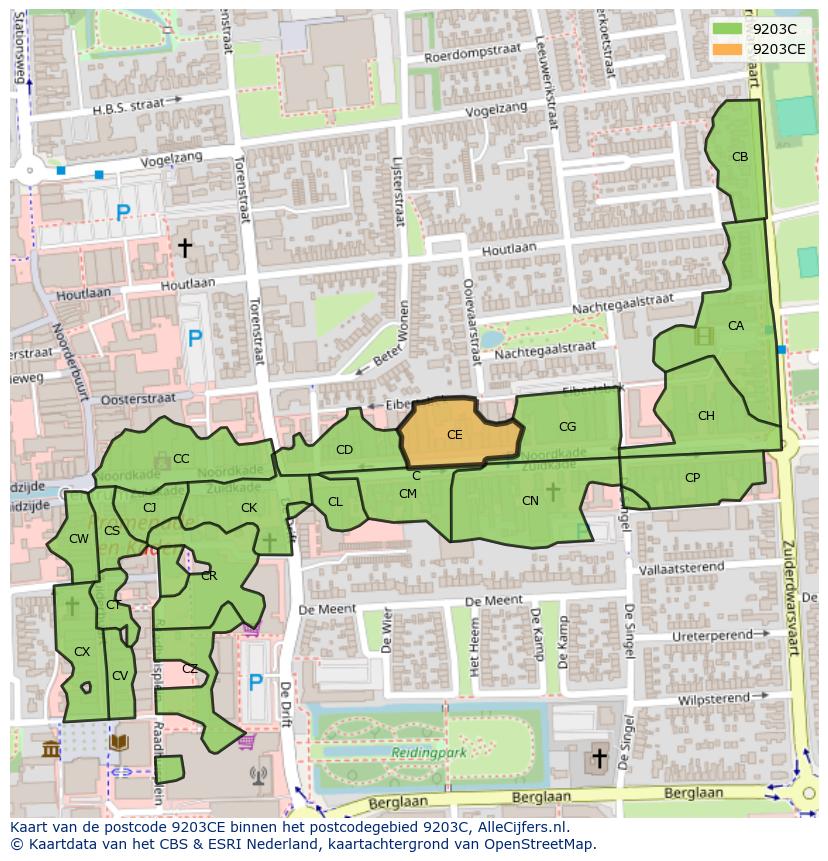 Afbeelding van het postcodegebied 9203 CE op de kaart.