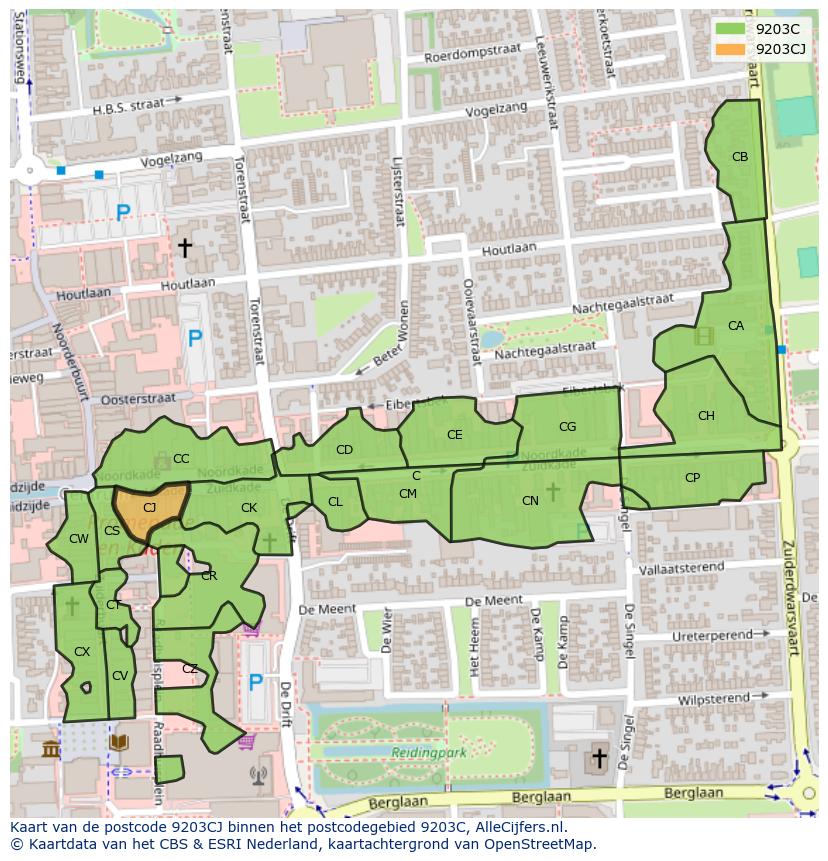 Afbeelding van het postcodegebied 9203 CJ op de kaart.