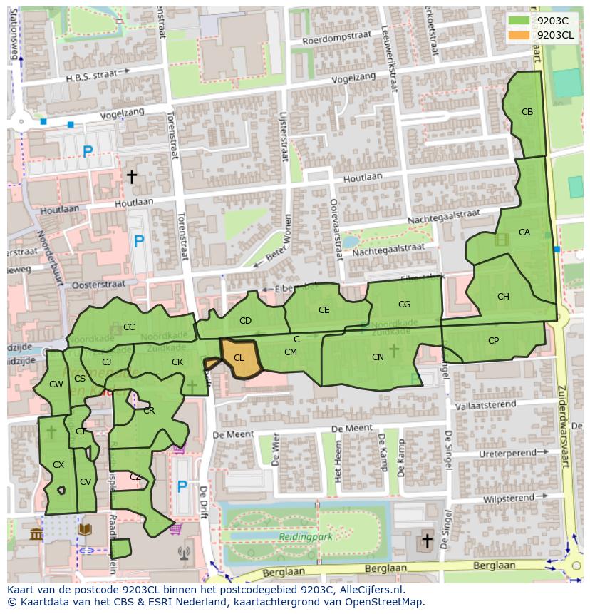Afbeelding van het postcodegebied 9203 CL op de kaart.