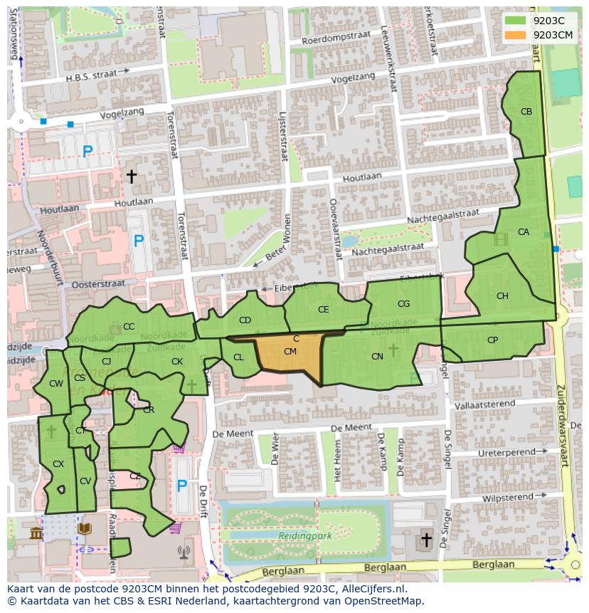 Afbeelding van het postcodegebied 9203 CM op de kaart.