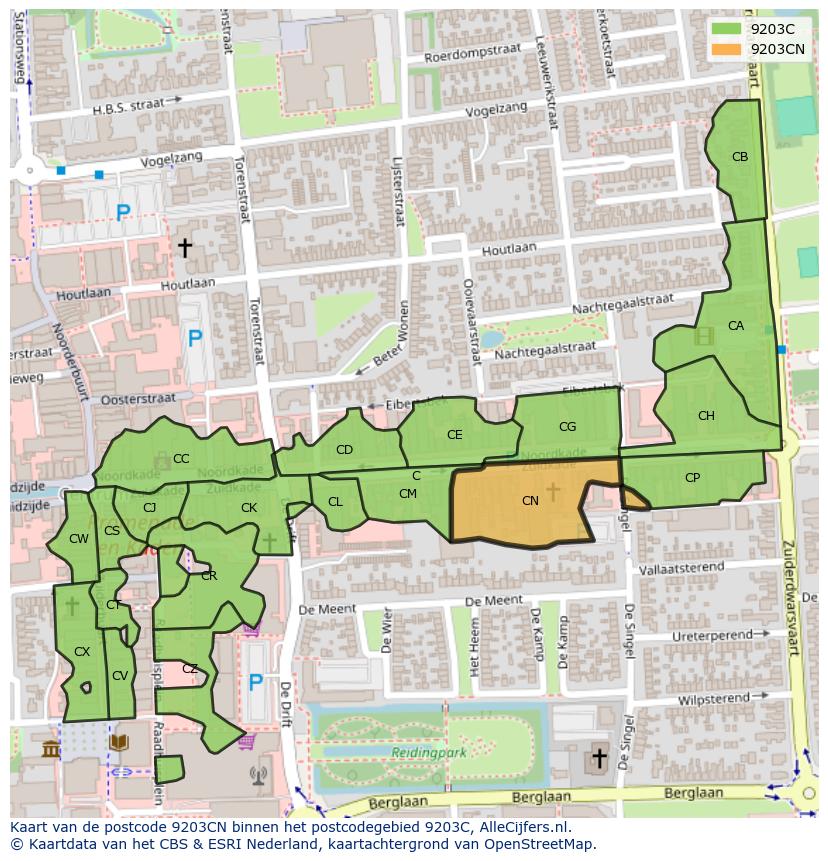 Afbeelding van het postcodegebied 9203 CN op de kaart.