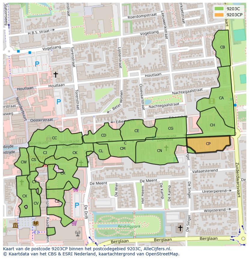 Afbeelding van het postcodegebied 9203 CP op de kaart.