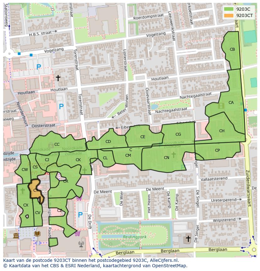 Afbeelding van het postcodegebied 9203 CT op de kaart.