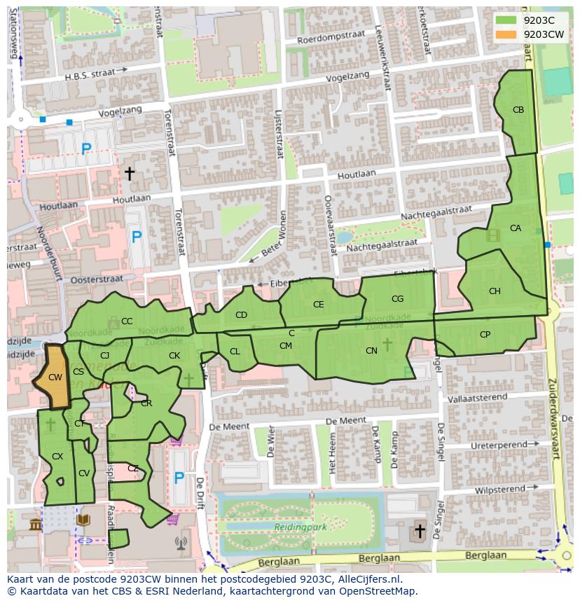 Afbeelding van het postcodegebied 9203 CW op de kaart.