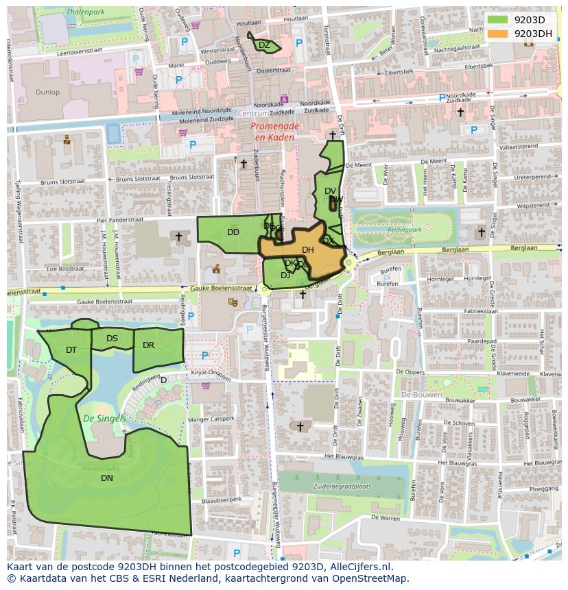 Afbeelding van het postcodegebied 9203 DH op de kaart.