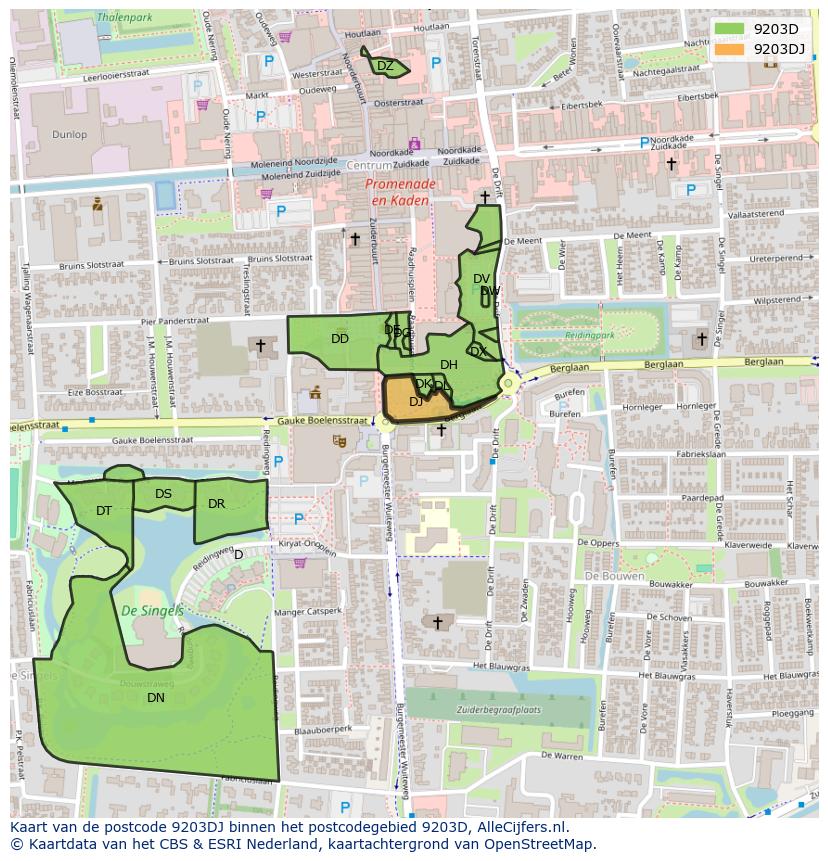 Afbeelding van het postcodegebied 9203 DJ op de kaart.