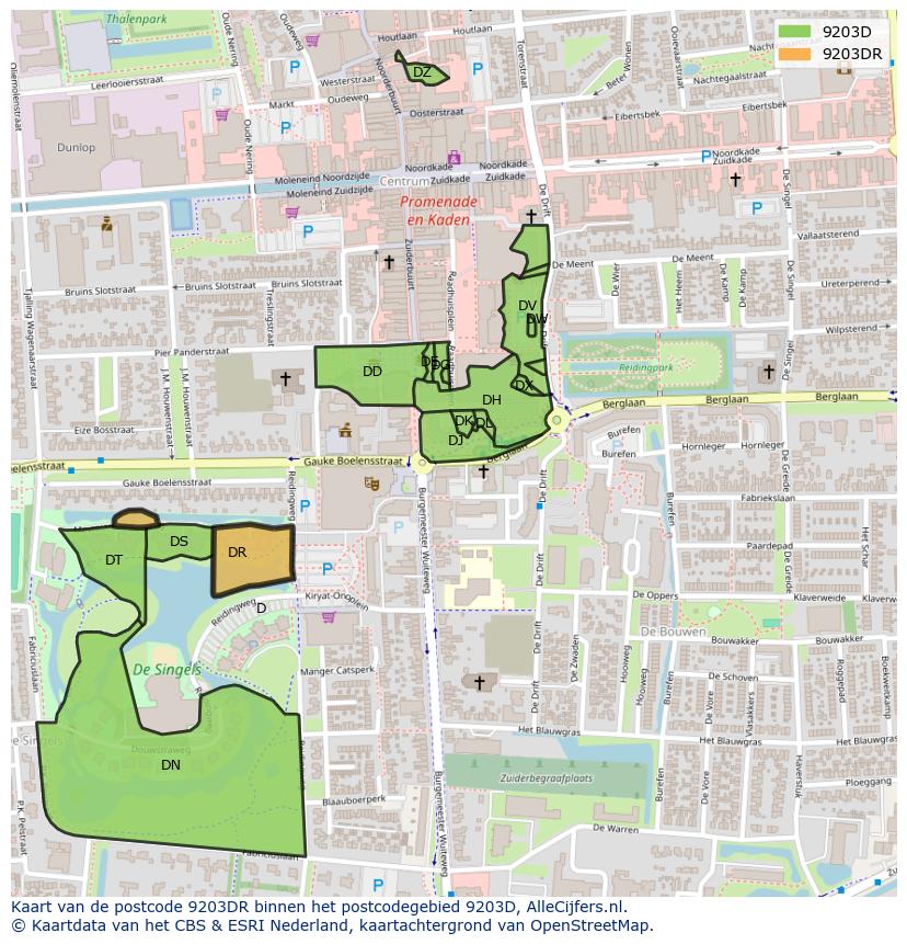 Afbeelding van het postcodegebied 9203 DR op de kaart.