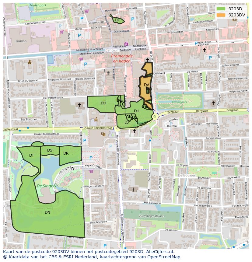 Afbeelding van het postcodegebied 9203 DV op de kaart.