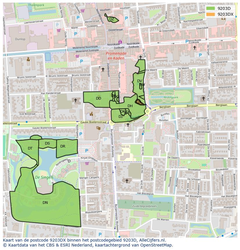 Afbeelding van het postcodegebied 9203 DX op de kaart.