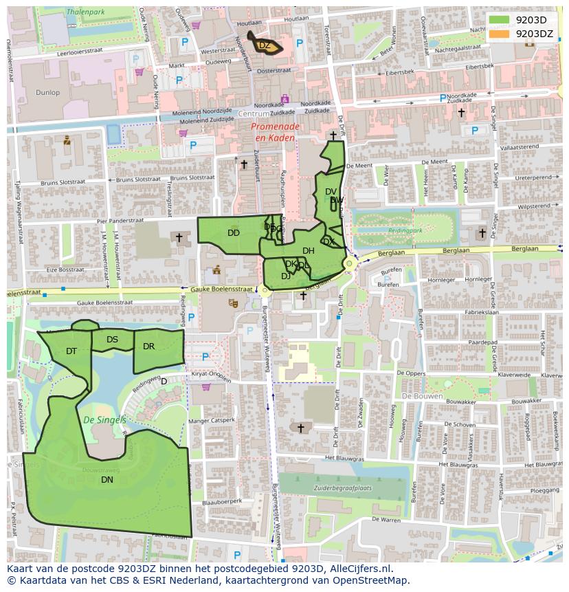 Afbeelding van het postcodegebied 9203 DZ op de kaart.