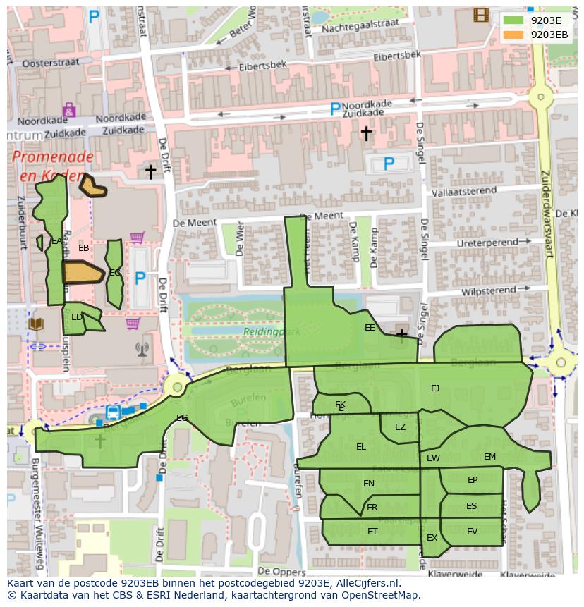 Afbeelding van het postcodegebied 9203 EB op de kaart.