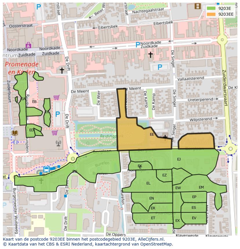 Afbeelding van het postcodegebied 9203 EE op de kaart.
