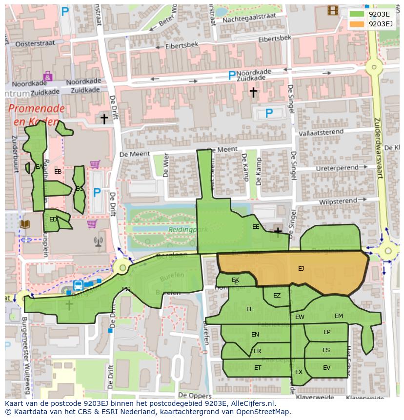 Afbeelding van het postcodegebied 9203 EJ op de kaart.