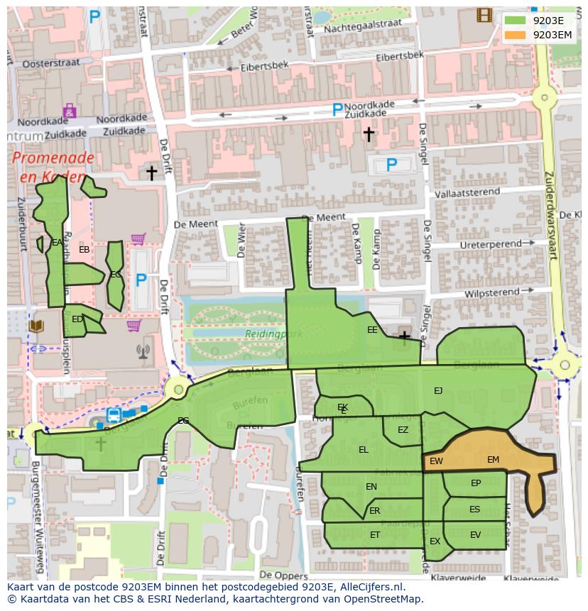 Afbeelding van het postcodegebied 9203 EM op de kaart.