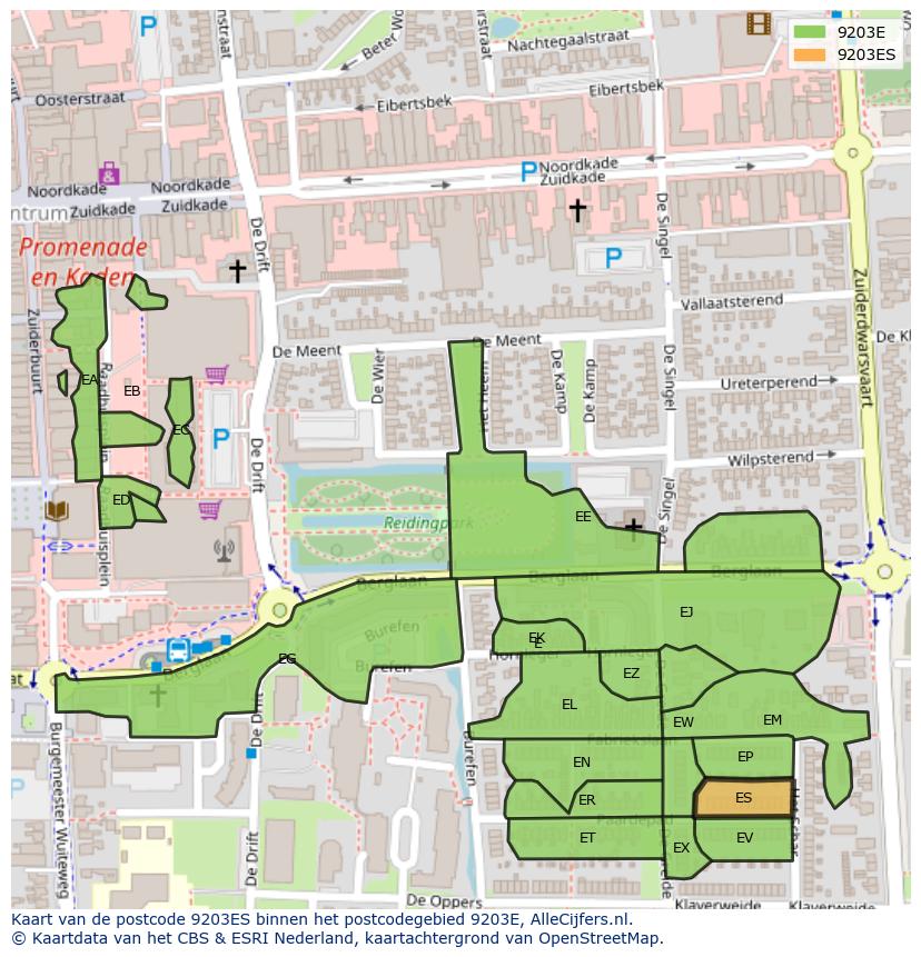 Afbeelding van het postcodegebied 9203 ES op de kaart.