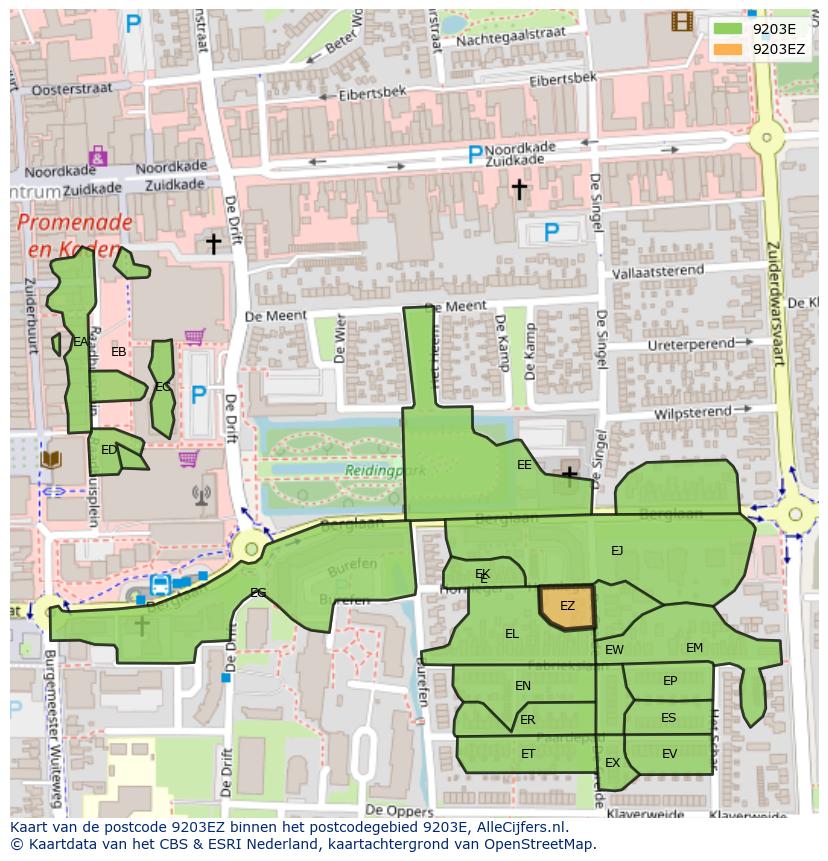 Afbeelding van het postcodegebied 9203 EZ op de kaart.