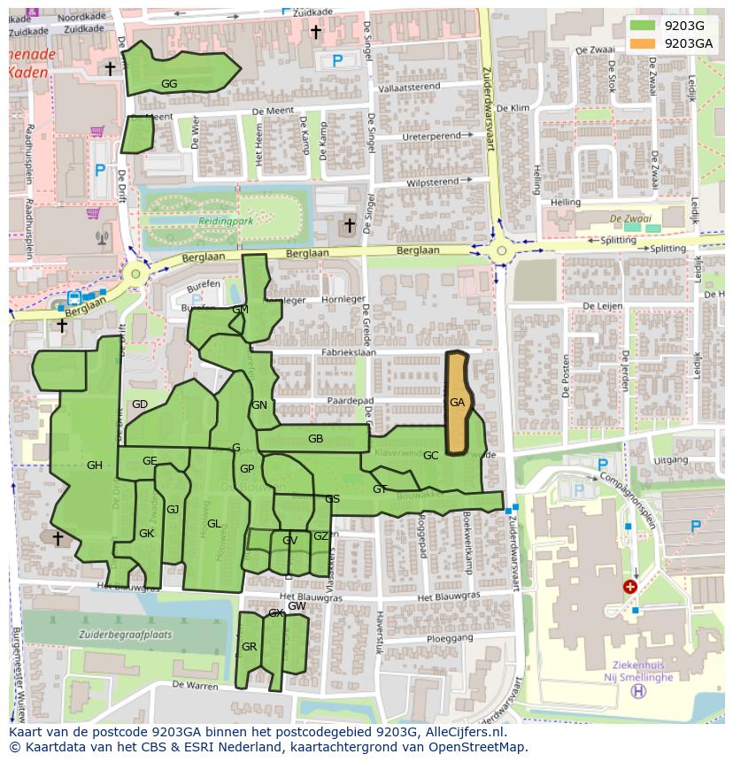 Afbeelding van het postcodegebied 9203 GA op de kaart.