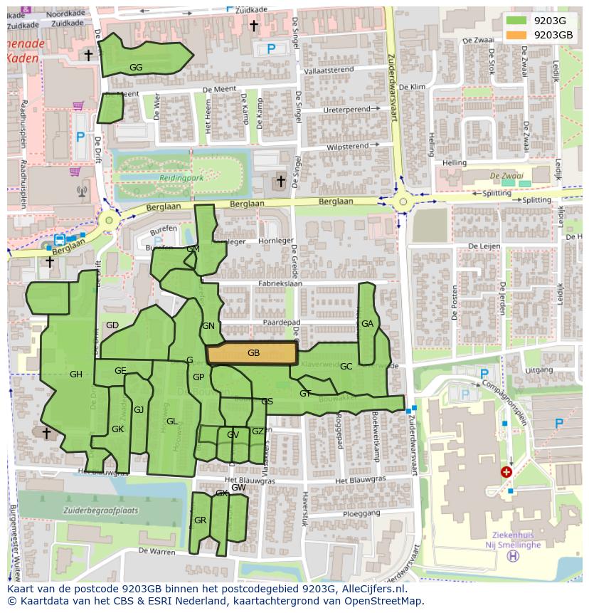 Afbeelding van het postcodegebied 9203 GB op de kaart.