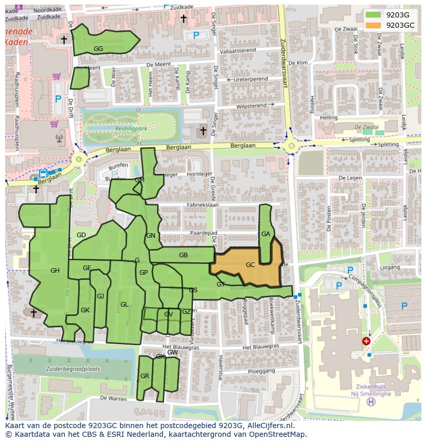 Afbeelding van het postcodegebied 9203 GC op de kaart.