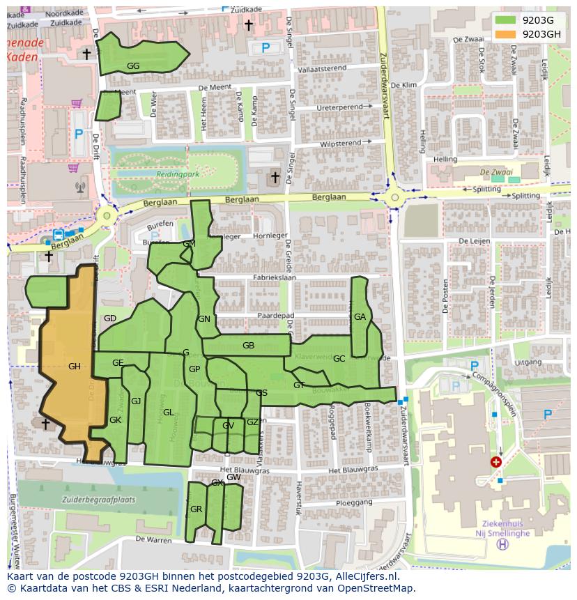 Afbeelding van het postcodegebied 9203 GH op de kaart.