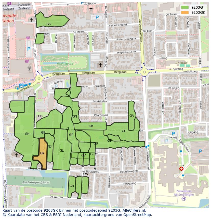 Afbeelding van het postcodegebied 9203 GK op de kaart.