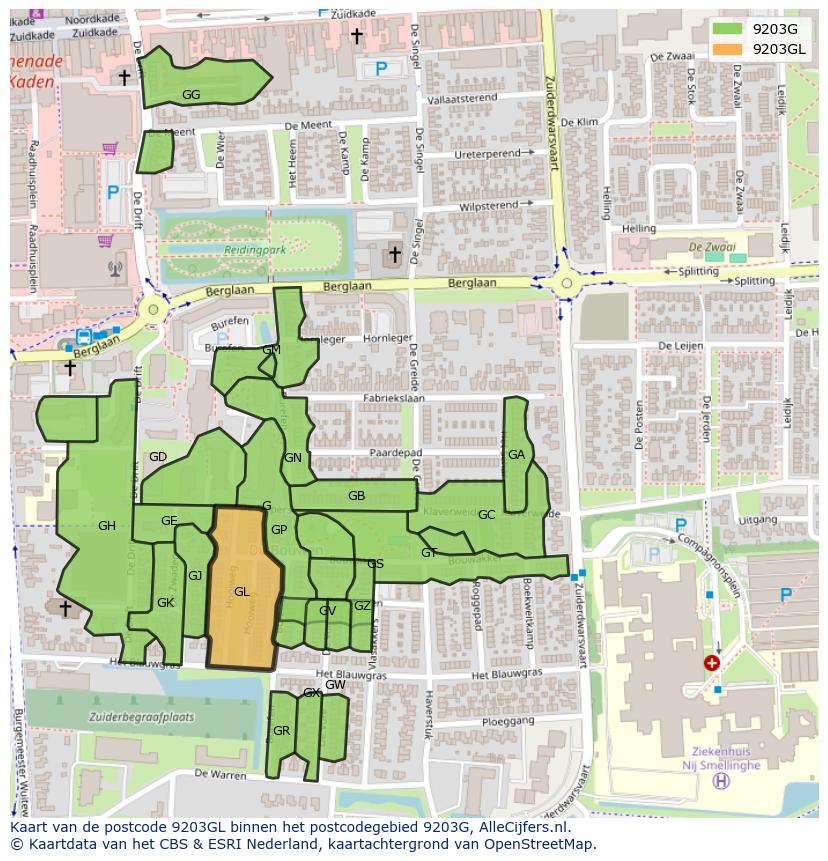Afbeelding van het postcodegebied 9203 GL op de kaart.