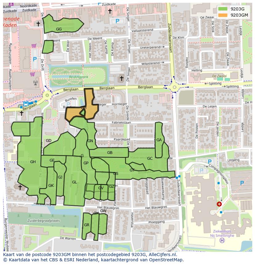 Afbeelding van het postcodegebied 9203 GM op de kaart.