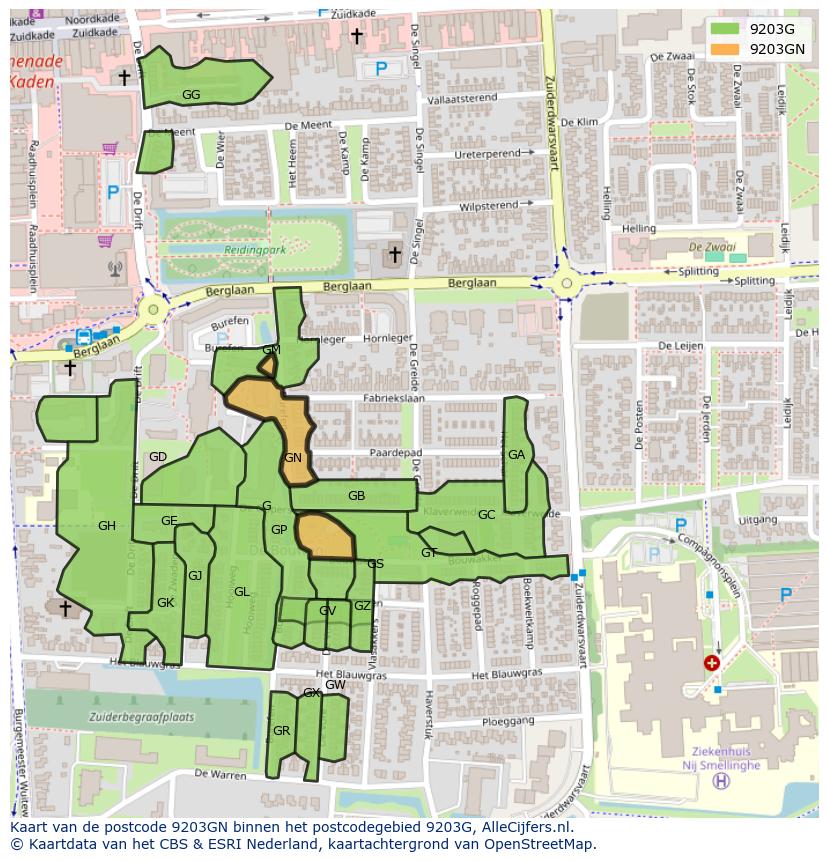Afbeelding van het postcodegebied 9203 GN op de kaart.