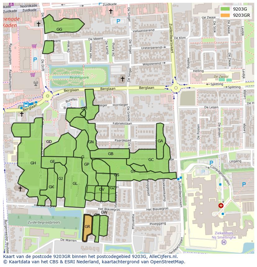 Afbeelding van het postcodegebied 9203 GR op de kaart.
