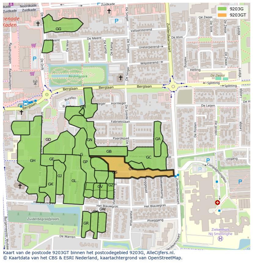 Afbeelding van het postcodegebied 9203 GT op de kaart.