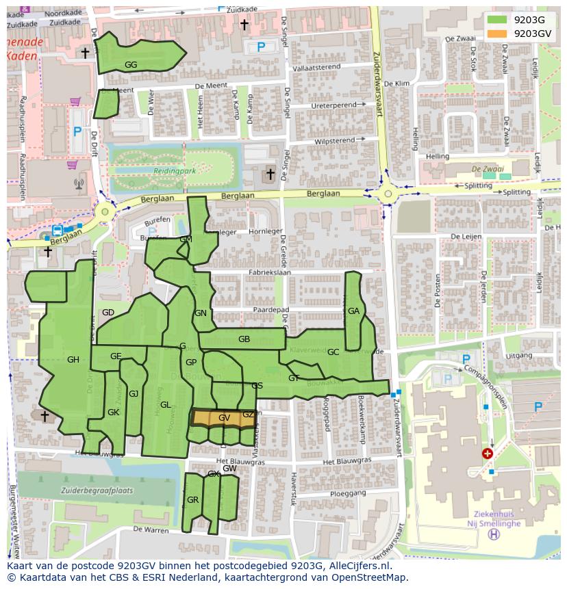 Afbeelding van het postcodegebied 9203 GV op de kaart.