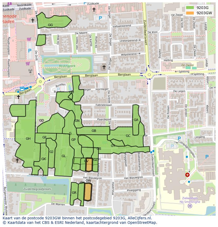 Afbeelding van het postcodegebied 9203 GW op de kaart.