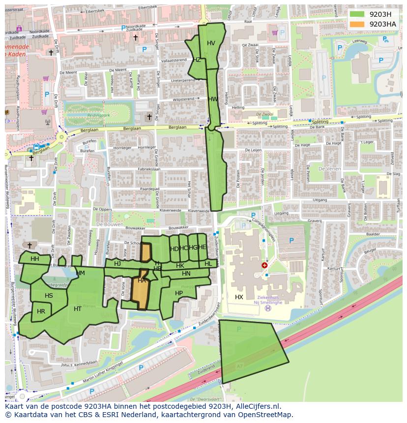 Afbeelding van het postcodegebied 9203 HA op de kaart.