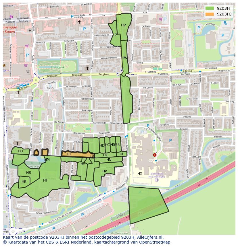 Afbeelding van het postcodegebied 9203 HJ op de kaart.