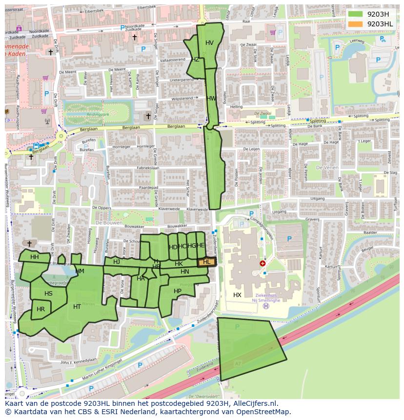 Afbeelding van het postcodegebied 9203 HL op de kaart.