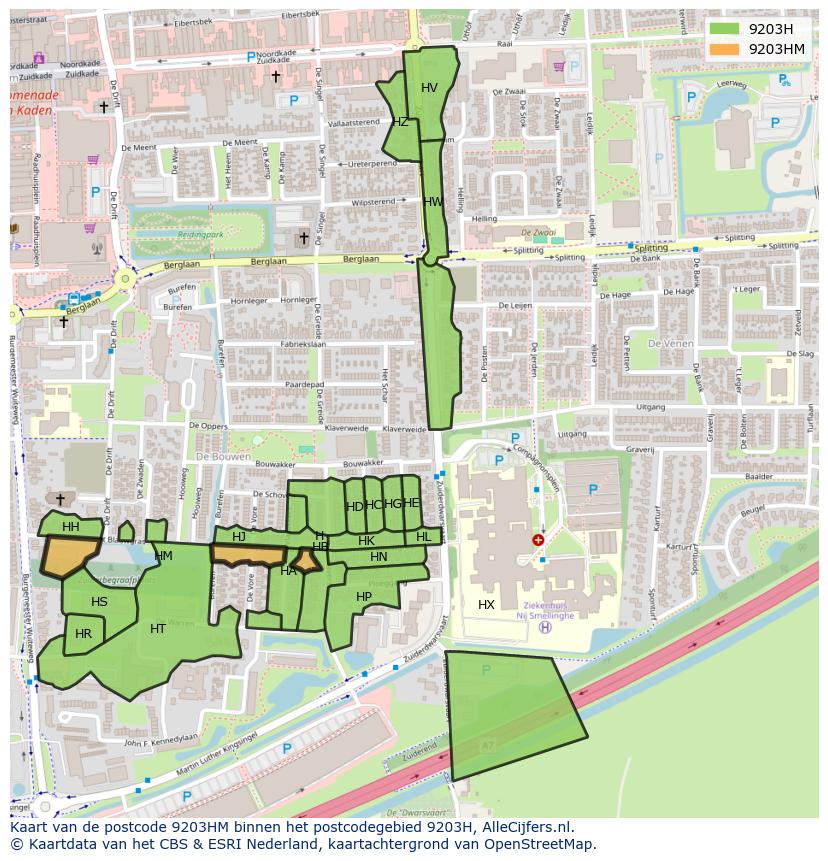 Afbeelding van het postcodegebied 9203 HM op de kaart.