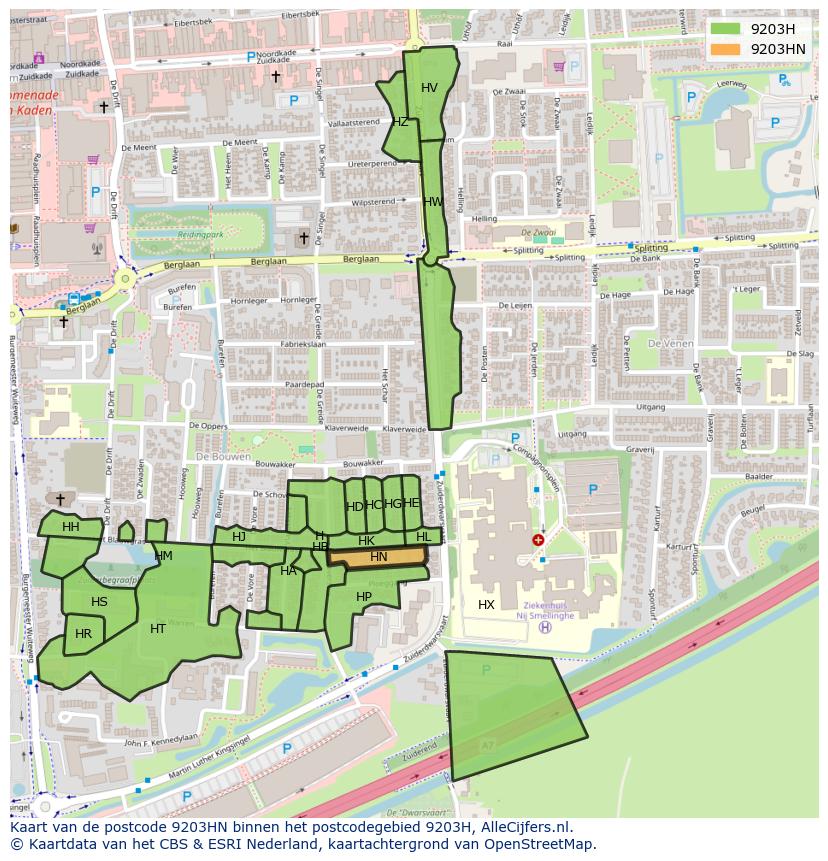 Afbeelding van het postcodegebied 9203 HN op de kaart.