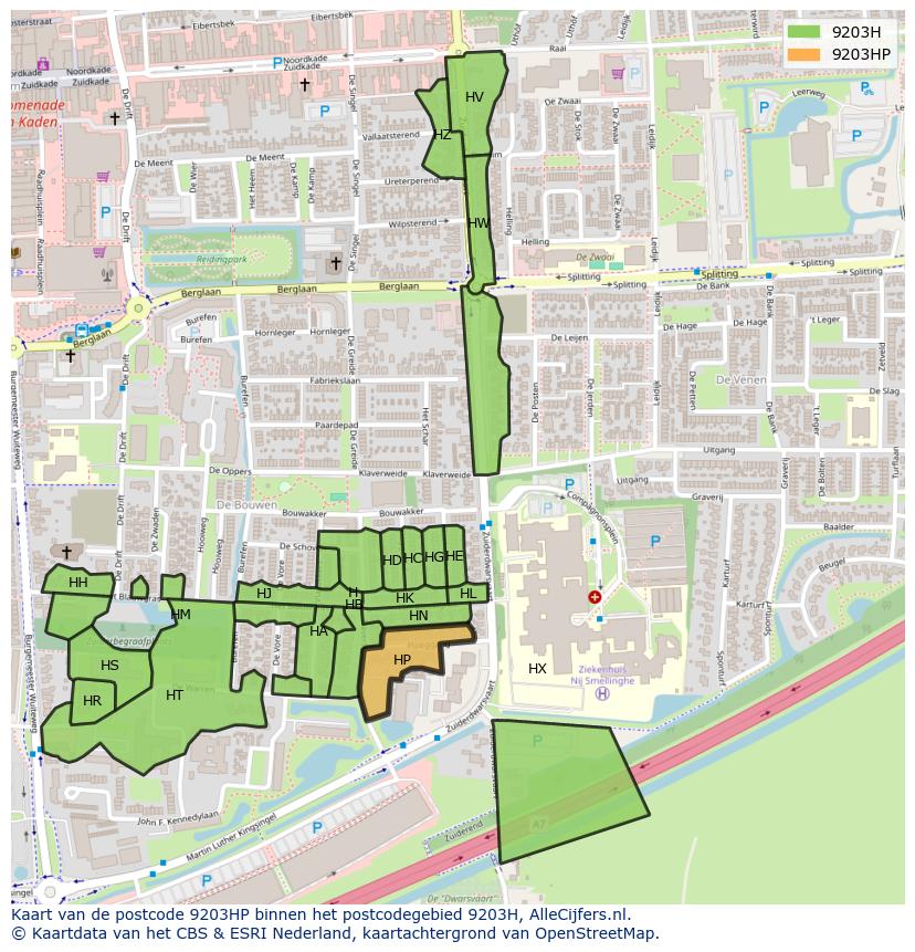 Afbeelding van het postcodegebied 9203 HP op de kaart.