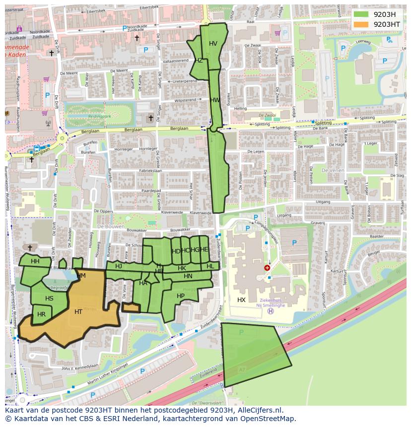 Afbeelding van het postcodegebied 9203 HT op de kaart.