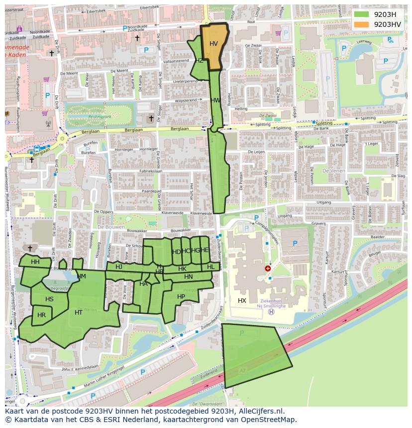 Afbeelding van het postcodegebied 9203 HV op de kaart.